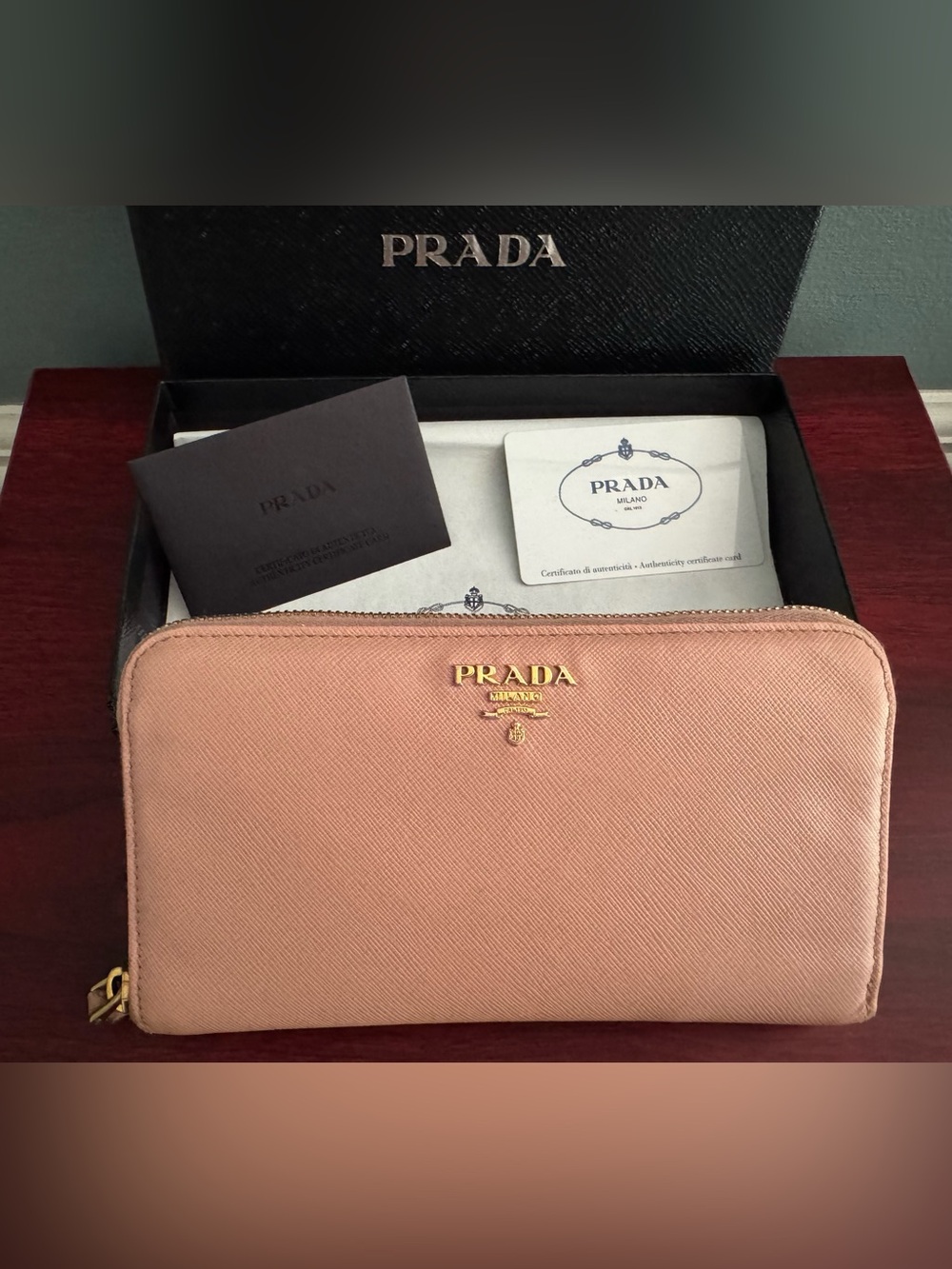 Authentic Prada Pink Saffiano Zip Around Wallet with Gold Hardware